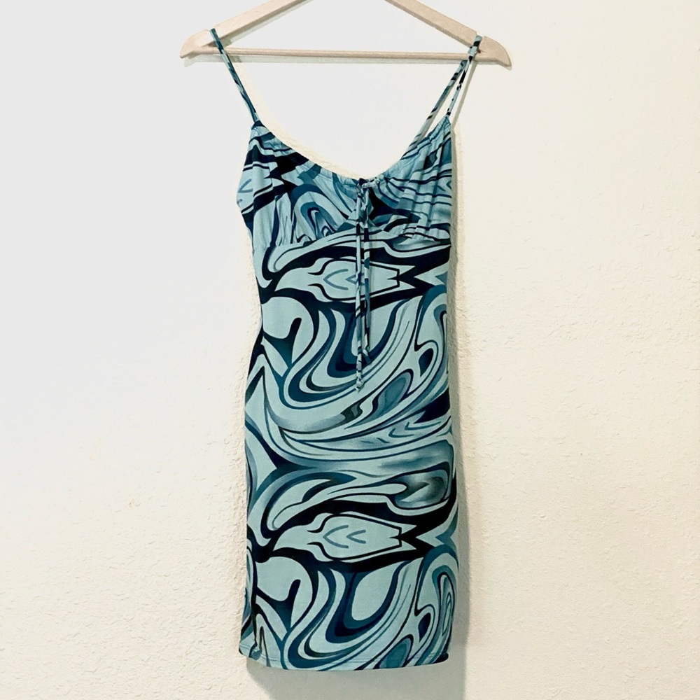 Y2K Blue Marbled Print Bodycon Dress with Keyhole Tie Front